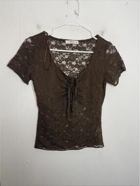 Wild Love Top Womens Medium Sheer Brown Floral Lace Ruched Babydoll Chocolate